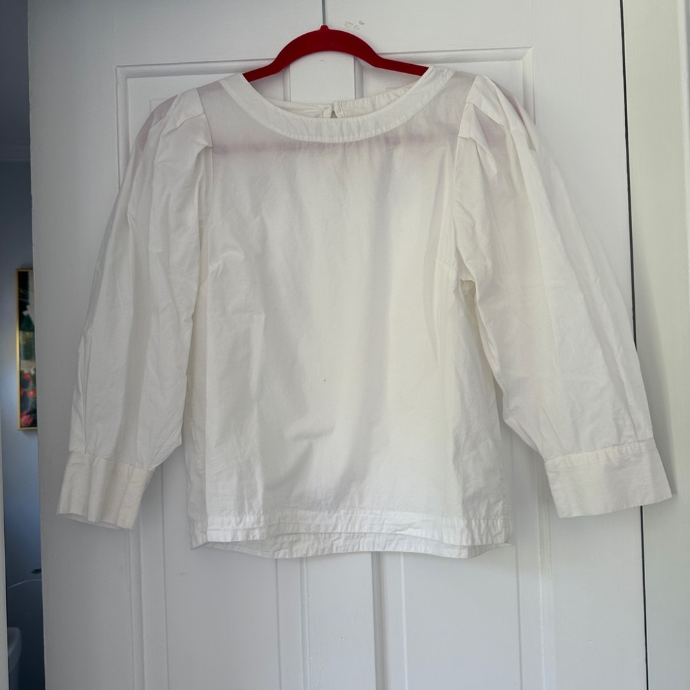 Anthropologie Maeve White Puff Sleeve Back Keyhole 3/4 Sleeve Blouse, Size Small